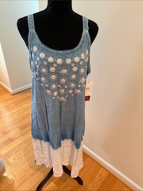 raya sun Blue and White Embroidered Tie-Dye Camisole Dress